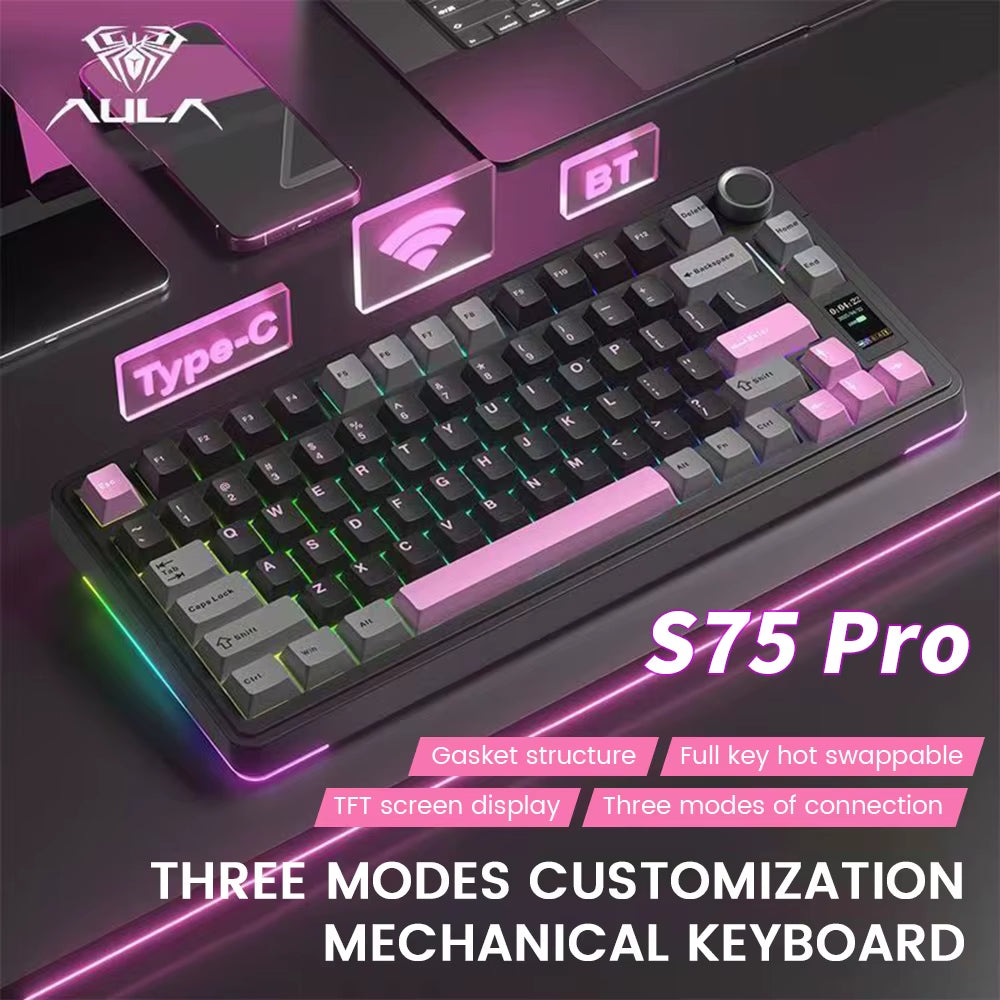 AULA S75 Pro Wireless Mechanical Keyboard, 75 Percent Hot Swappable RGB Gaming Keyboard with LCD Screen and Control Knob, 4000mAh Battery, PBT Keycaps, Tri-Mode 2.4G Bluetooth USB-C