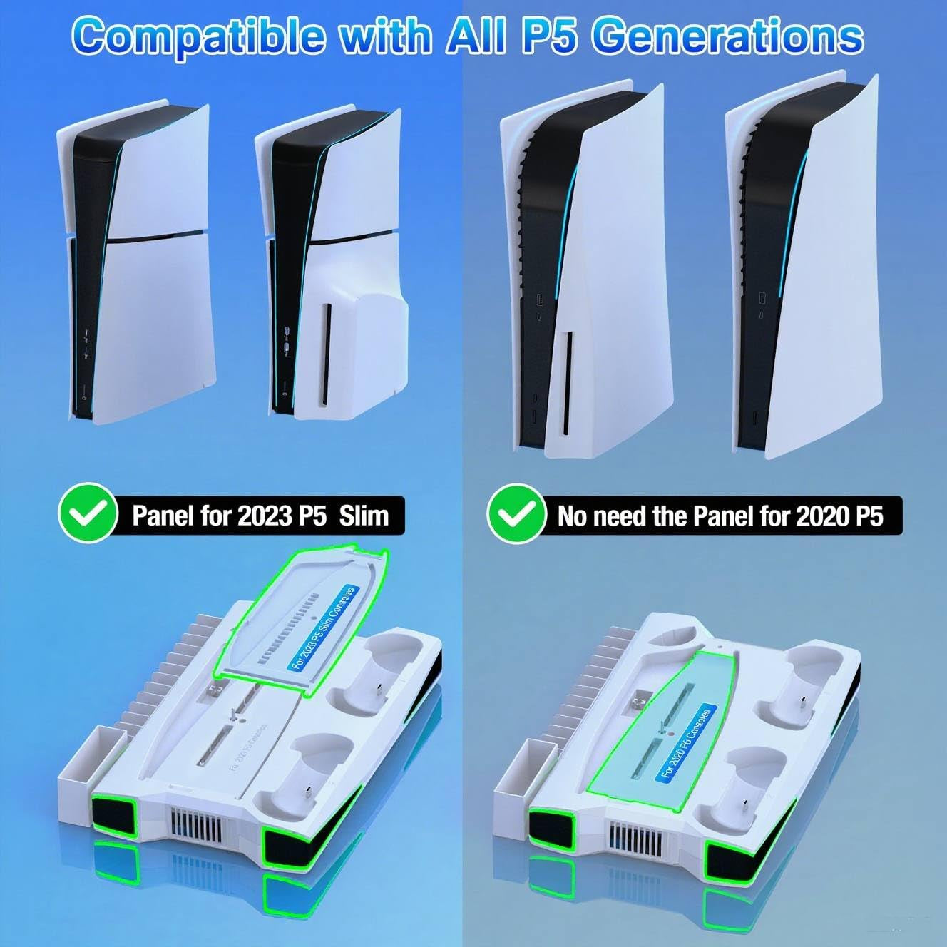 PS5 Stand, Vertical Cooling Station for PS5/PS5 Slim Console with 3-Level Ultra Cooling Fan, PS5 Accessories Dual Controller Charger, 3 Charger Ports, Headset Holder, Dynamic Light