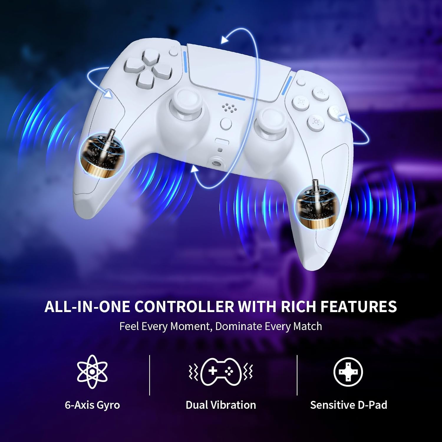 Wireless Gaming Controller Compatible with Ps5/Android/Pc, with LED Lights, Bluetooth,Hall Effect Joystick, Dual Vibration, 3.5Mm Audio Jack, 6-Axis Motion Contro Gamepad with Speaker (White)