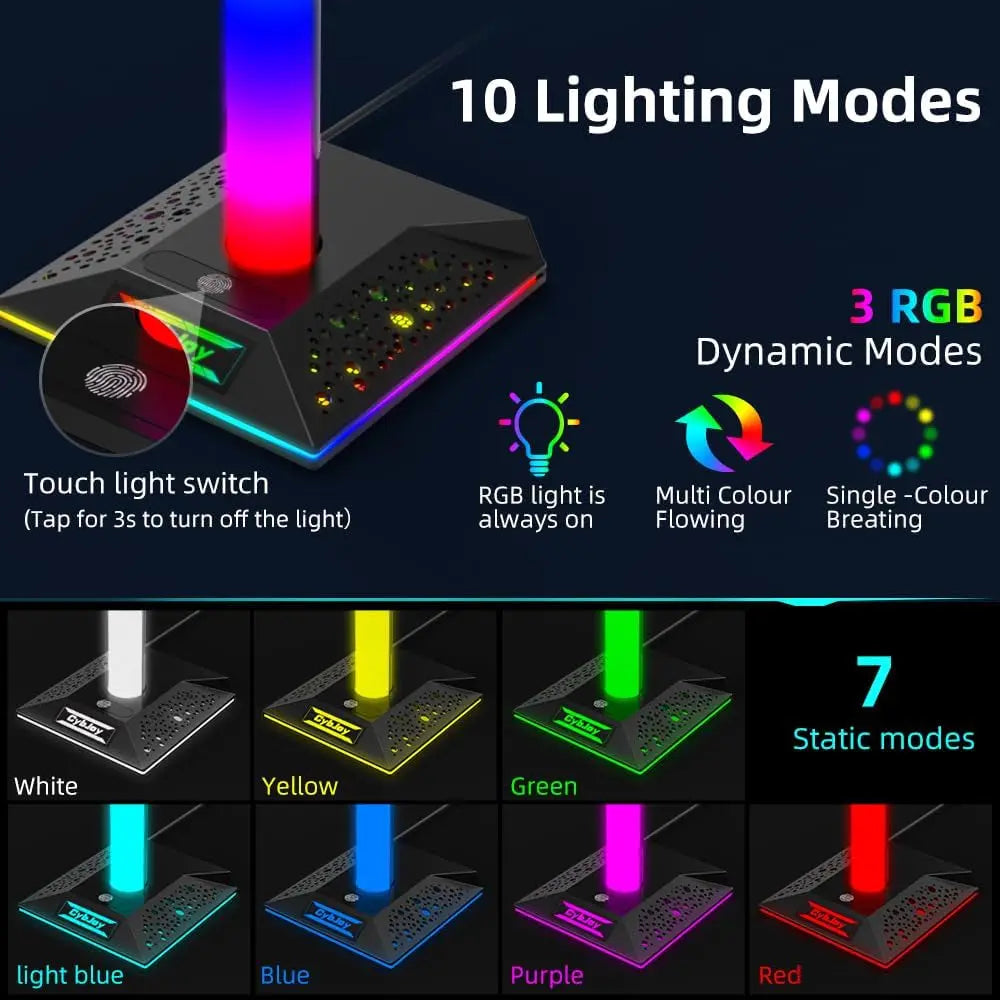 RGB Headset Stand, Gaming Headphone Stand with 2 USB Charging Ports,10 Light Modes Headset Holder PC Gaming Accessories, Suitable for All Earphone Accessories, Gift for Boys Men Gamers