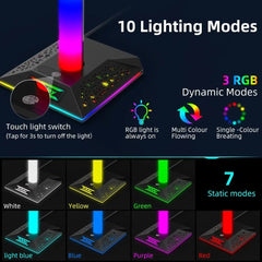 RGB Headset Stand, Gaming Headphone Stand with 2 USB Charging Ports,10 Light Modes Headset Holder PC Gaming Accessories, Suitable for All Earphone Accessories, Gift for Boys Men Gamers