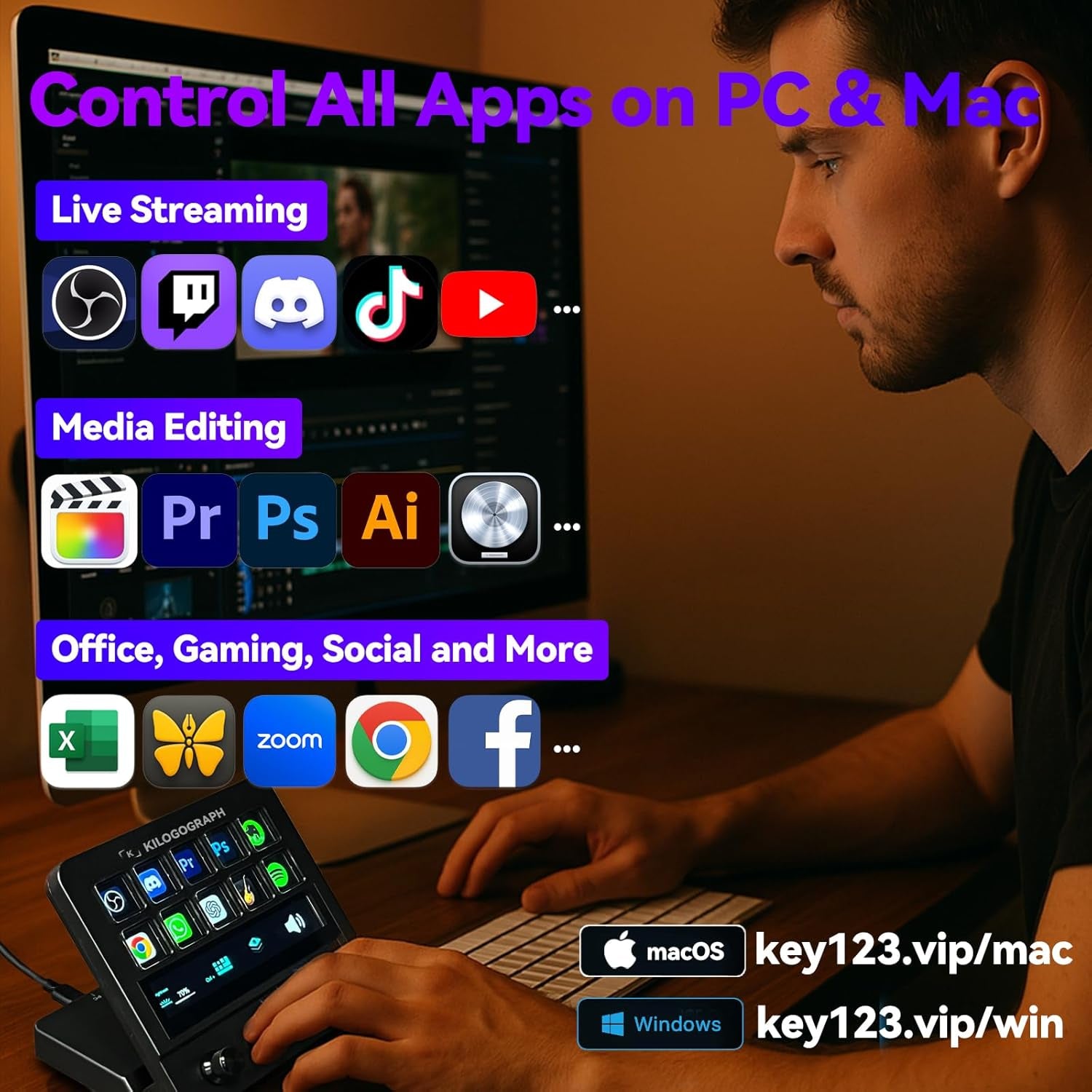 KILOGOGRAPH Stream Dock with Knobs Screen N4E — Wired Streaming Controller for PC and Mac