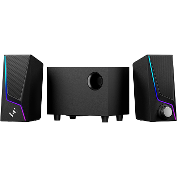 Black computer speakers with RGB lighting