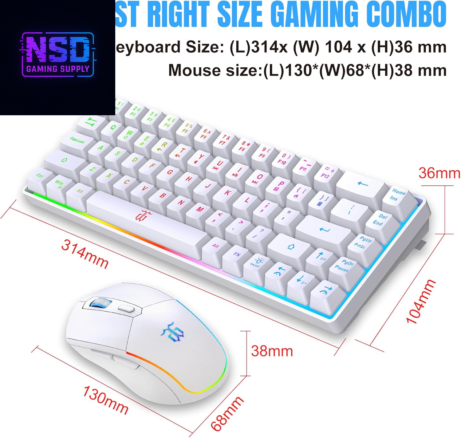60% Wireless Gaming Keyboard and Mouse Combo,Led Backlit Rechargeable 2000Mah Battery,Mini Mechanical Feel Anti-Ghosting Keyboard +Popular RGB Gaming Mice for PC Gamer (White)