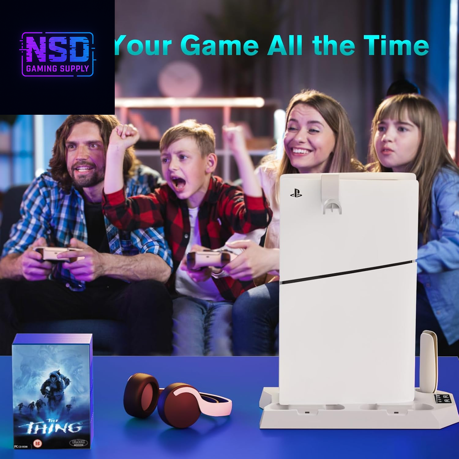 Cooling Station for PS5 & PS5 Slim Console Disc/Digital Edition, Stand Compatible with Playstation 5, Charging Station with Dual Controller Charger, 3 Levels Cooling Fan, 3 USB Hubs & Headset Holder