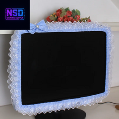 Lace Fabric Computer Frame Cover Monitor Screen Dust Cover with Elastic Pen Pocket Bow Home Decorations