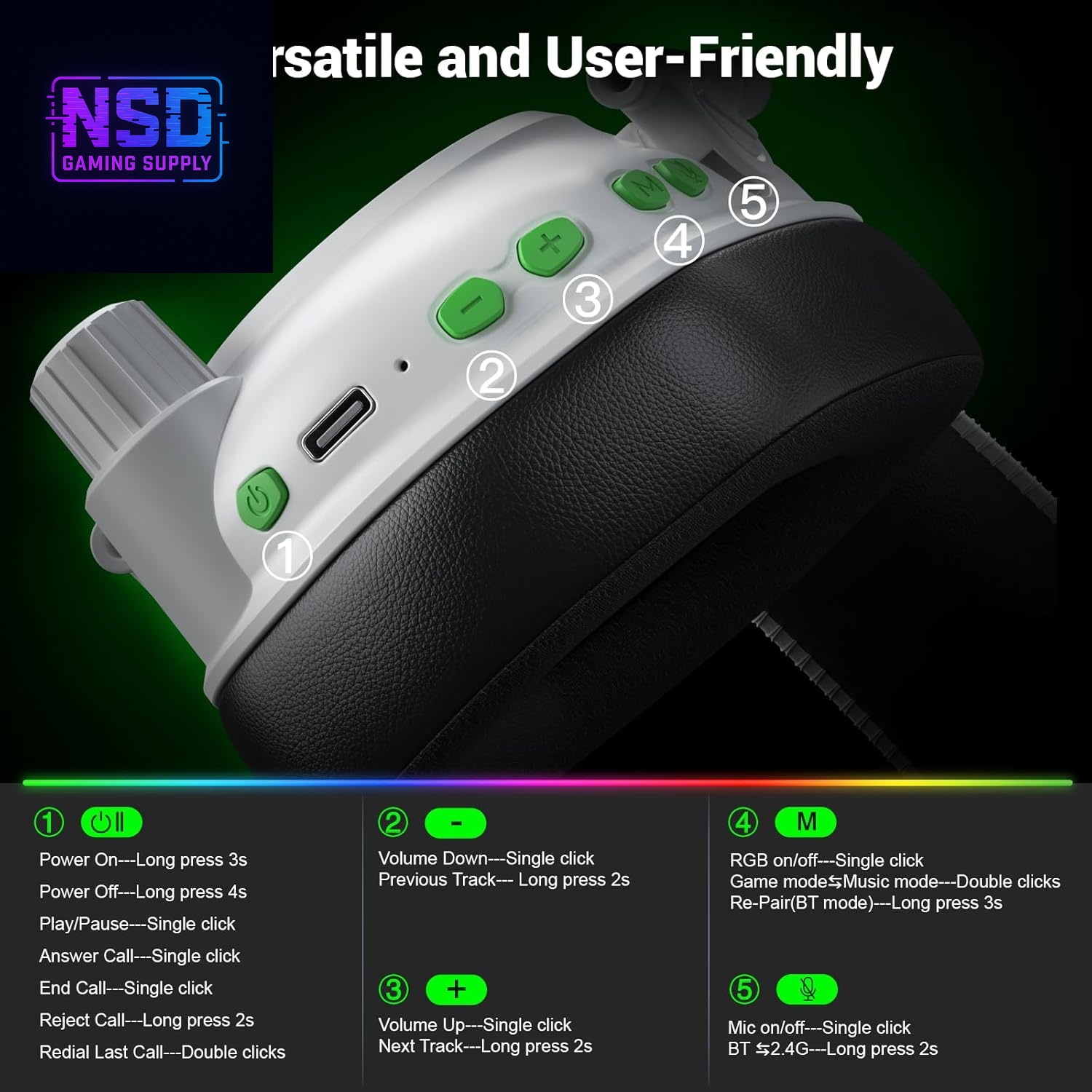 Wireless Gaming Headset with Noise Canceling Microphone for PC, PS5, PS4, Switch, Mac, 2.4 Ghz Wireless & Bluetooth 5.4 Gaming Headphones, Cool RGB Lighting, 50Hr Battery, 50Mm Drivers