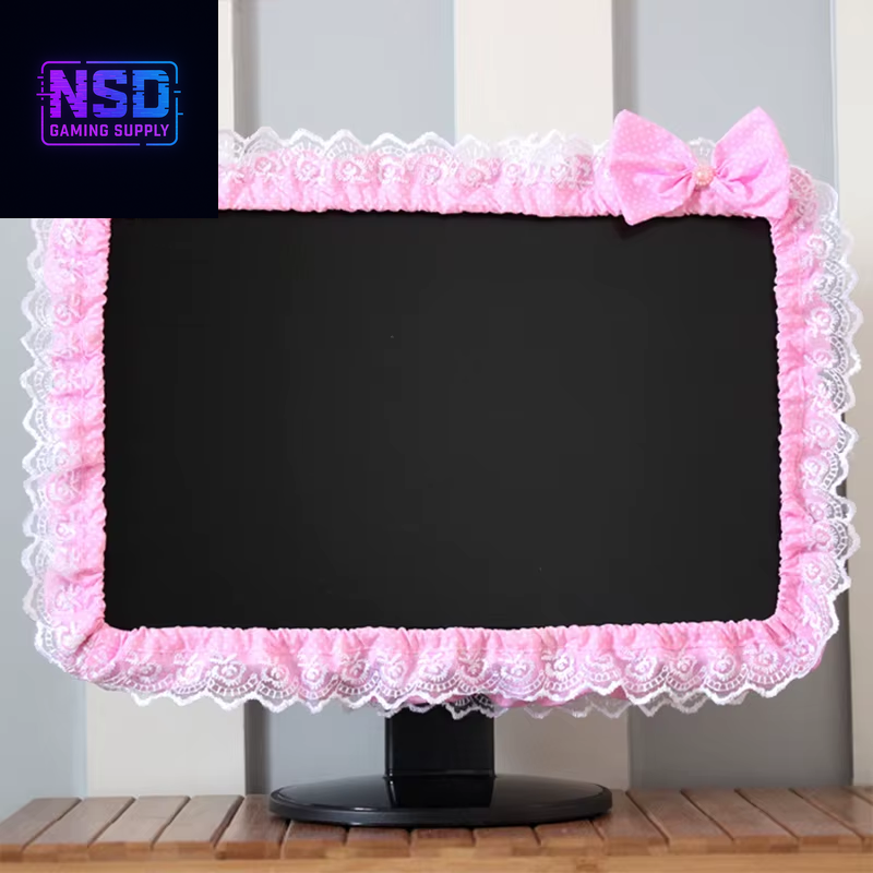 Lace Fabric Computer Frame Cover Monitor Screen Dust Cover with Elastic Pen Pocket Bow Home Decorations