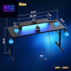52 Inch Gaming Desk with Power Strip and LED Monitor Stand, Small Computer Desk for Home Office, Carbon Fiber Black