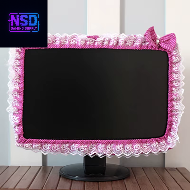 Lace Fabric Computer Frame Cover Monitor Screen Dust Cover with Elastic Pen Pocket Bow Home Decorations