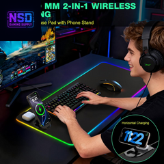 RGB Gaming Mouse Pad Wireless Charging Desk Mat with Foldable Phone Stand, Large LED Gaming Mat 800X350X4Mm, 15 Light Modes, Waterproof, Keyboard Pad for PC Computer, Includes 20W PD Power Adapter