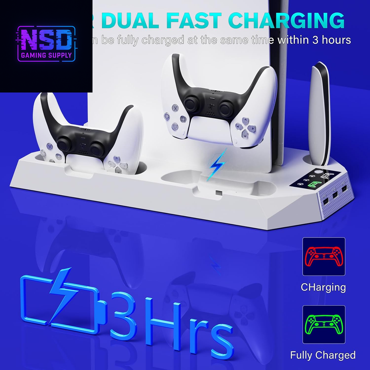 Cooling Station for PS5 & PS5 Slim Console Disc/Digital Edition, Stand Compatible with Playstation 5, Charging Station with Dual Controller Charger, 3 Levels Cooling Fan, 3 USB Hubs & Headset Holder