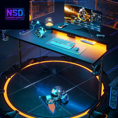 52 Inch Gaming Desk with Power Strip and LED Monitor Stand, Small Computer Desk for Home Office, Carbon Fiber Black