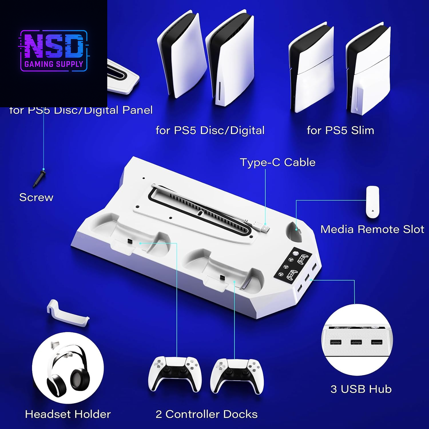 Cooling Station for PS5 & PS5 Slim Console Disc/Digital Edition, Stand Compatible with Playstation 5, Charging Station with Dual Controller Charger, 3 Levels Cooling Fan, 3 USB Hubs & Headset Holder