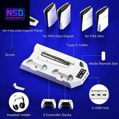 Cooling Station for PS5 & PS5 Slim Console Disc/Digital Edition, Stand Compatible with Playstation 5, Charging Station with Dual Controller Charger, 3 Levels Cooling Fan, 3 USB Hubs & Headset Holder