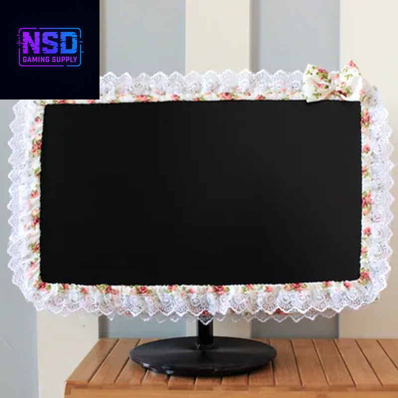 Lace Fabric Computer Frame Cover Monitor Screen Dust Cover with Elastic Pen Pocket Bow Home Decorations