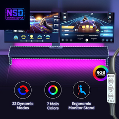 63" Gaming Desk with LED Lights & Power Outlets, Monitor Stand & Keyboard Tray for Home Office, Carbon Fiber Black