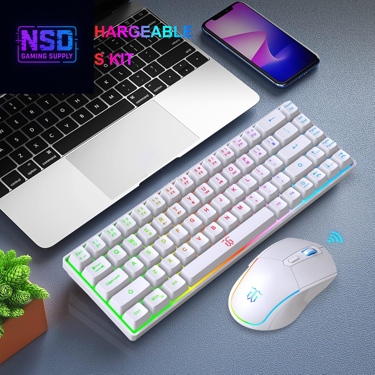 60% Wireless Gaming Keyboard and Mouse Combo,Led Backlit Rechargeable 2000Mah Battery,Mini Mechanical Feel Anti-Ghosting Keyboard +Popular RGB Gaming Mice for PC Gamer (White)