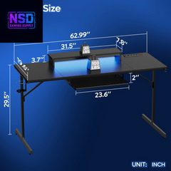 63" Gaming Desk with LED Lights & Power Outlets, Monitor Stand & Keyboard Tray for Home Office, Carbon Fiber Black