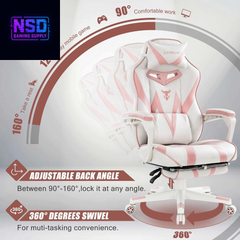 Zeanus Pink Gaming Chair with Massage & Footrest – Ergonomic Gamer Chair for Women and Adults