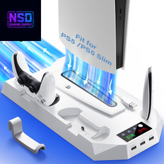 Cooling Station for PS5 & PS5 Slim Console Disc/Digital Edition, Stand Compatible with Playstation 5, Charging Station with Dual Controller Charger, 3 Levels Cooling Fan, 3 USB Hubs & Headset Holder