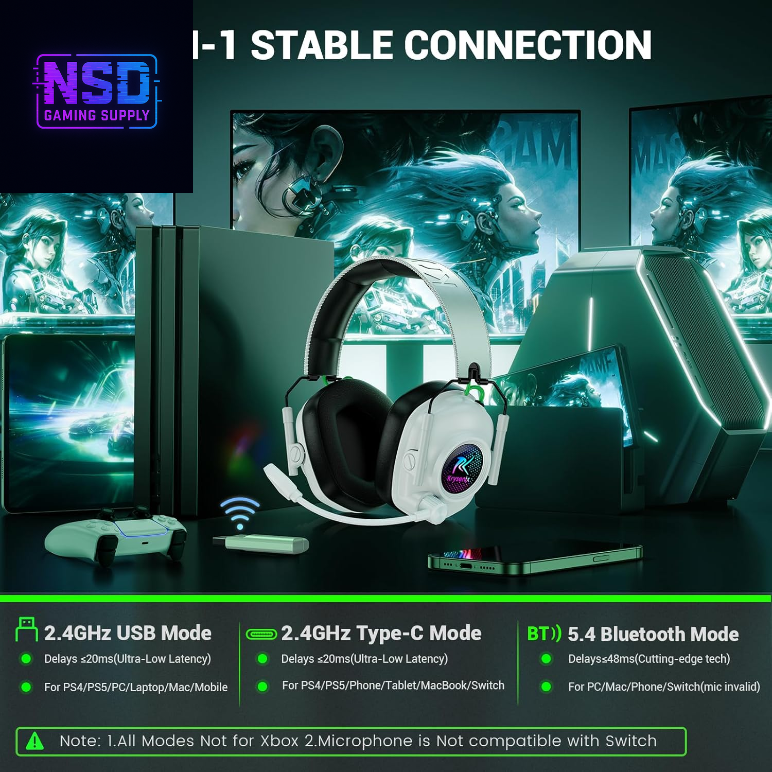 Wireless Gaming Headset with Noise Canceling Microphone for PC, PS5, PS4, Switch, Mac, 2.4 Ghz Wireless & Bluetooth 5.4 Gaming Headphones, Cool RGB Lighting, 50Hr Battery, 50Mm Drivers