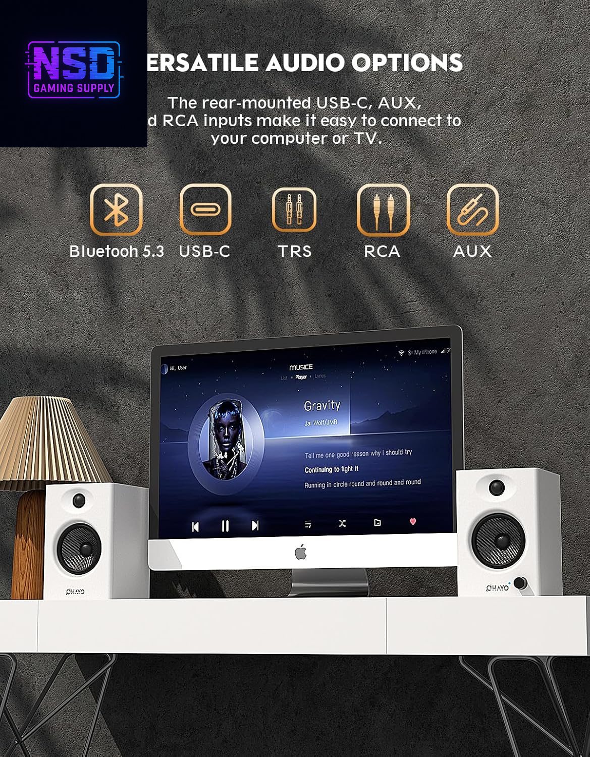 60W Computer Speakers for Gaming and Music, Active Bluetooth 5.3, Stereo 2.0 Speakers for Desktop PC Monitor or Laptop, Surround Sound Speaker, 3.5 Mm Aux RCA Input, Usb-Powered, 1 Pair, White