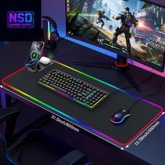 RGB Gaming Mouse Pad Wireless Charging Desk Mat with Foldable Phone Stand, Large LED Gaming Mat 800X350X4Mm, 15 Light Modes, Waterproof, Keyboard Pad for PC Computer, Includes 20W PD Power Adapter