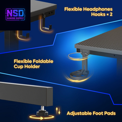 52 Inch Gaming Desk with Power Strip and LED Monitor Stand, Small Computer Desk for Home Office, Carbon Fiber Black