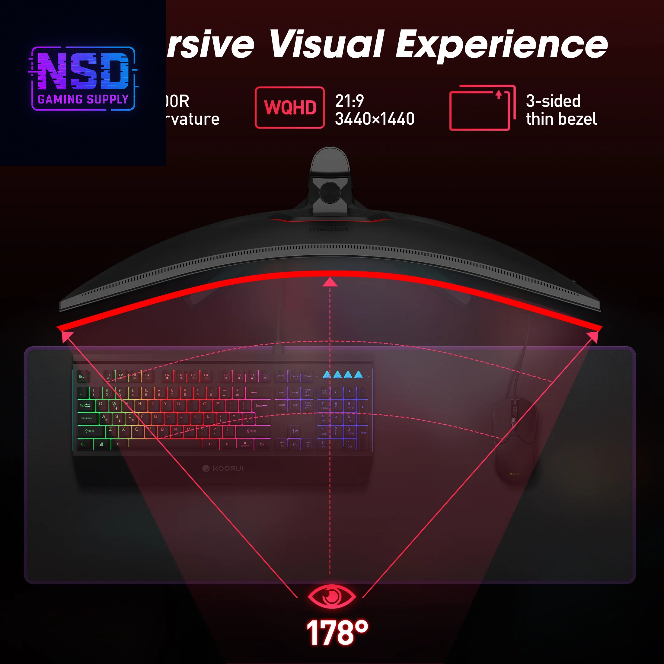 34'' WQHD Curved Gaming Monitor, 180Hz/165Hz Ultrawide Monitor, 3440×1440P 1Ms(Mprt) HDR400, Black