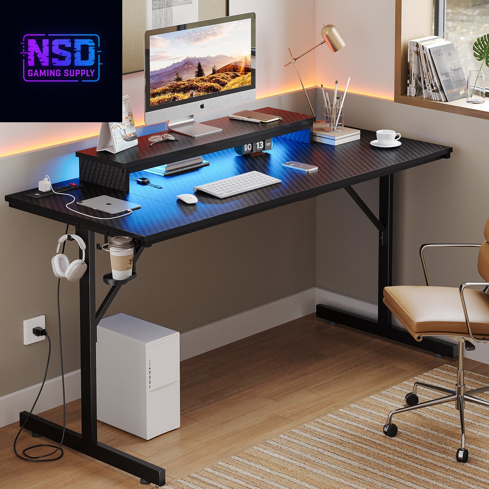 52 Inch Gaming Desk with Power Strip and LED Monitor Stand, Small Computer Desk for Home Office, Carbon Fiber Black