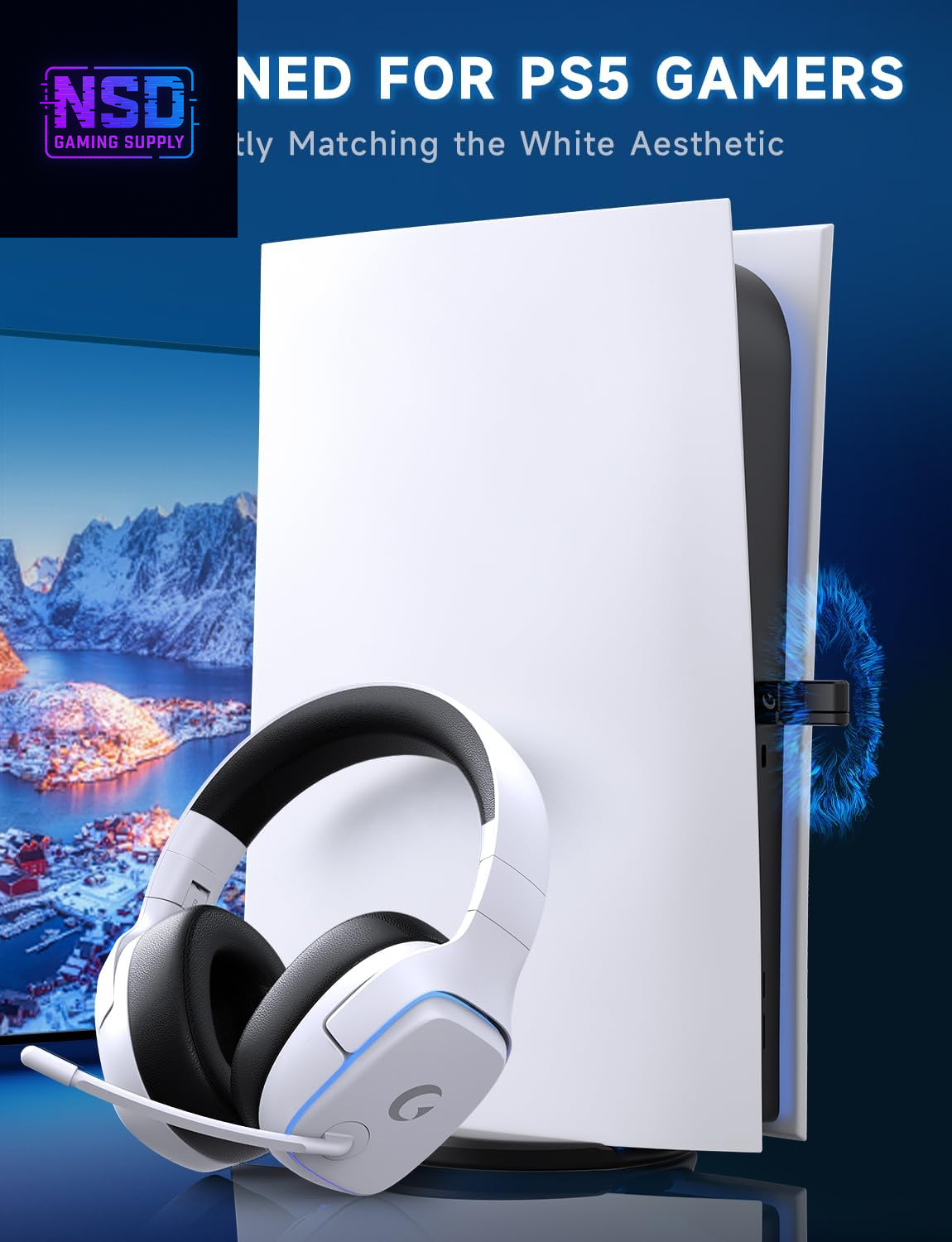 2.4Ghz Wireless Gaming Headsets for PS5, PS4, PC, Switch - Bluetooth 5.3 Gaming Headphones with Noise Canceling Mic, 7.1 Surround Sound, 70H Battery, Blue Lighting - White