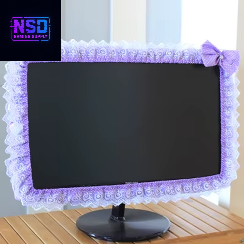 Lace Fabric Computer Frame Cover Monitor Screen Dust Cover with Elastic Pen Pocket Bow Home Decorations