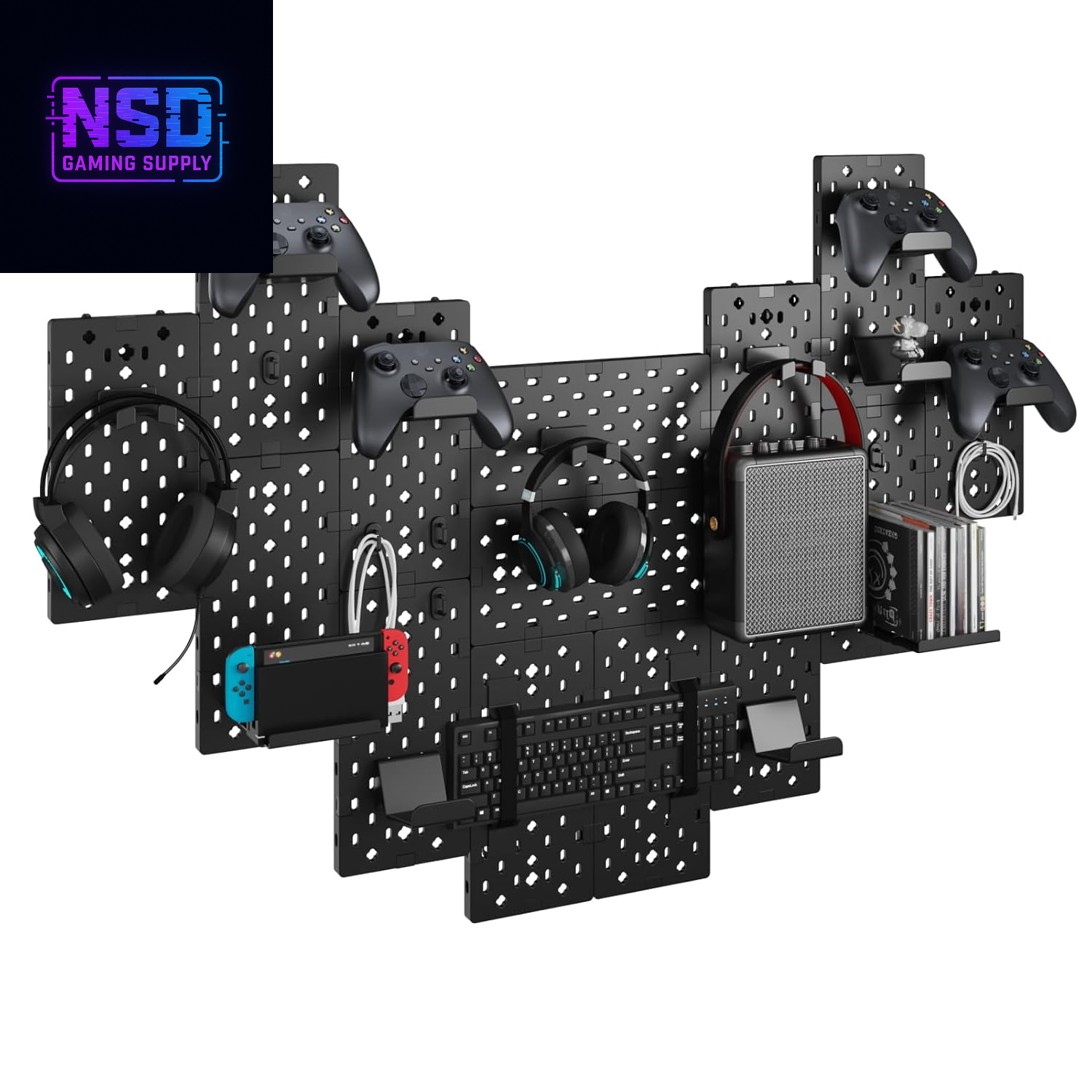 Controller & Headphone Wall Mount Organizer – Modular Pegboard System with 14 Accessories, Controller Stand for Xbox, PlayStation, Switch, and Gaming Disc Shelf