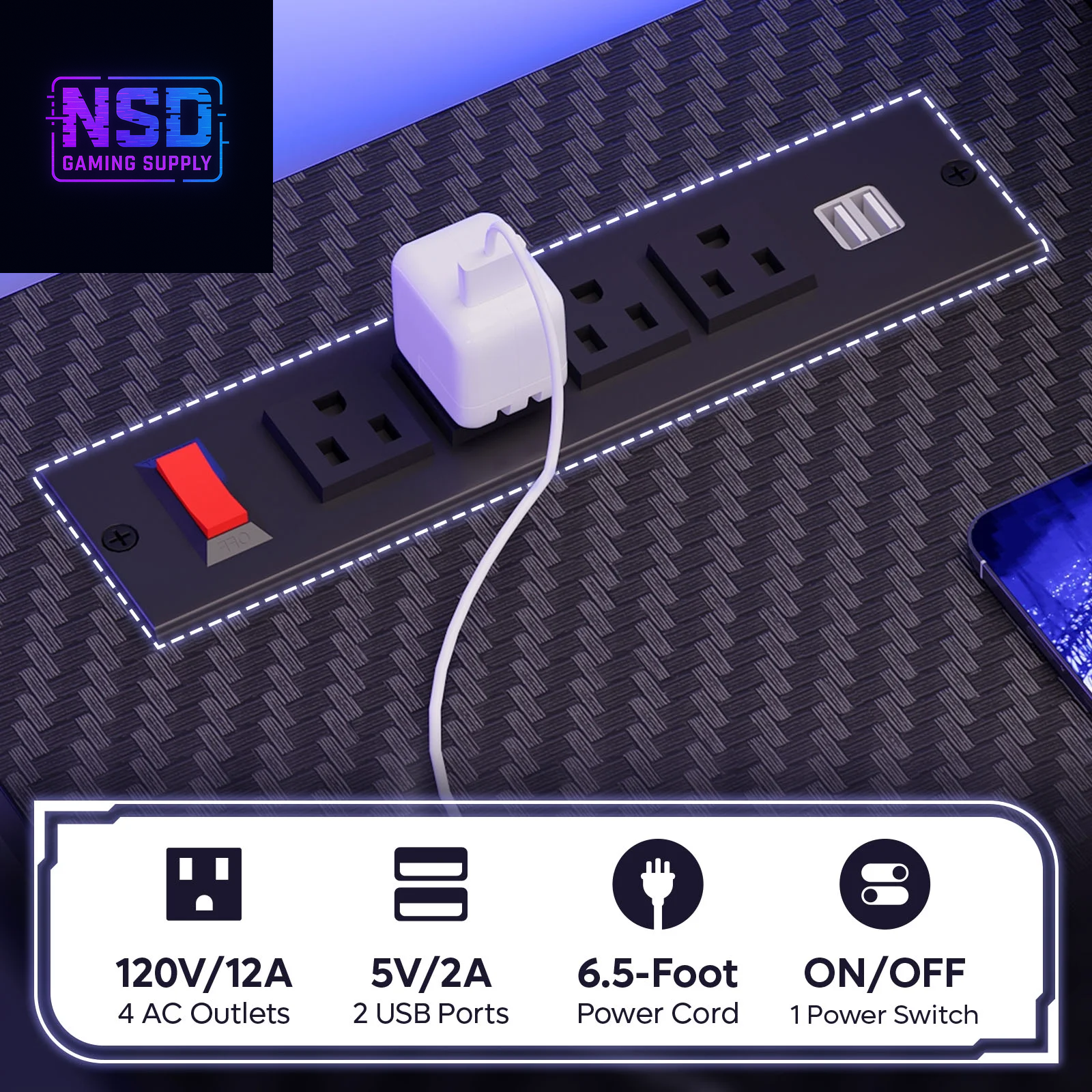 63" Gaming Desk with LED Lights & Power Outlets, Monitor Stand & Keyboard Tray for Home Office, Carbon Fiber Black