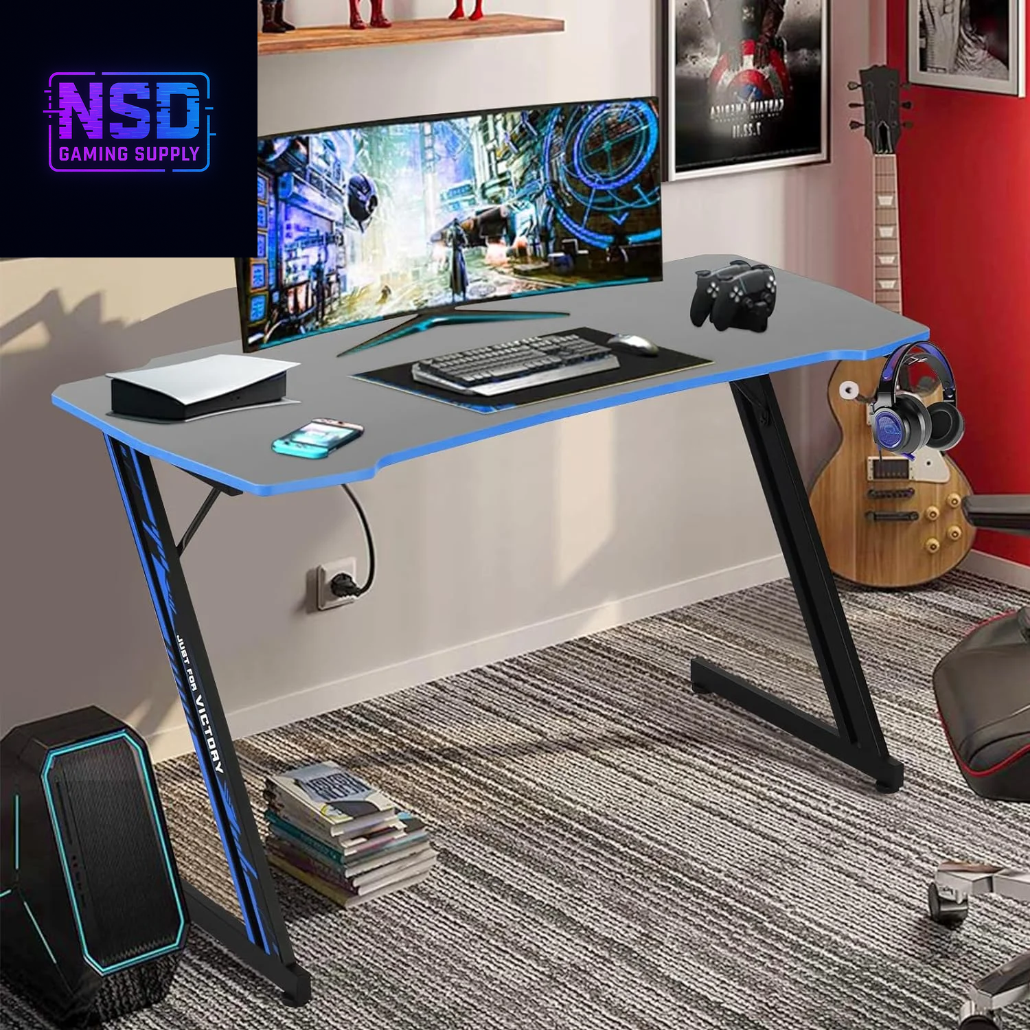 47-Inch Z-Shaped Gaming Desk – Ergonomic Design, Headphone Hook, Cup Holder, Carbon Fiber Texture (Blue)