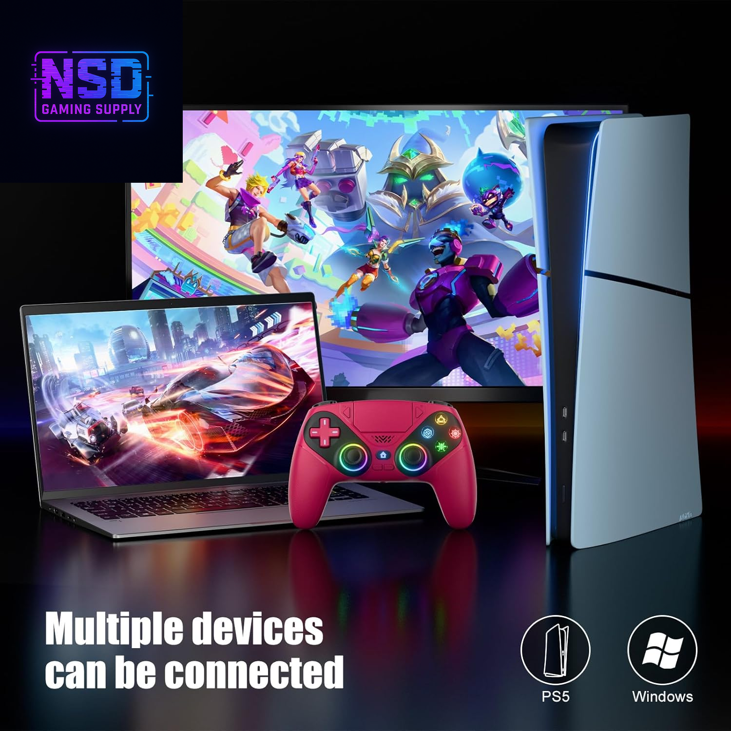 LED RGB Wireless Controller – For PS5 / Slim / Pro / PC | Dual Vibration, Turbo, Programmable, 9 Light Modes, 3.5mm Audio Jack