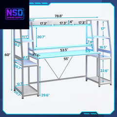 78.8-Inch Gaming Desk – LED RGB Lights, Hutch, Monitor Stand, CPU Holder & Dual Storage Shelves (White)