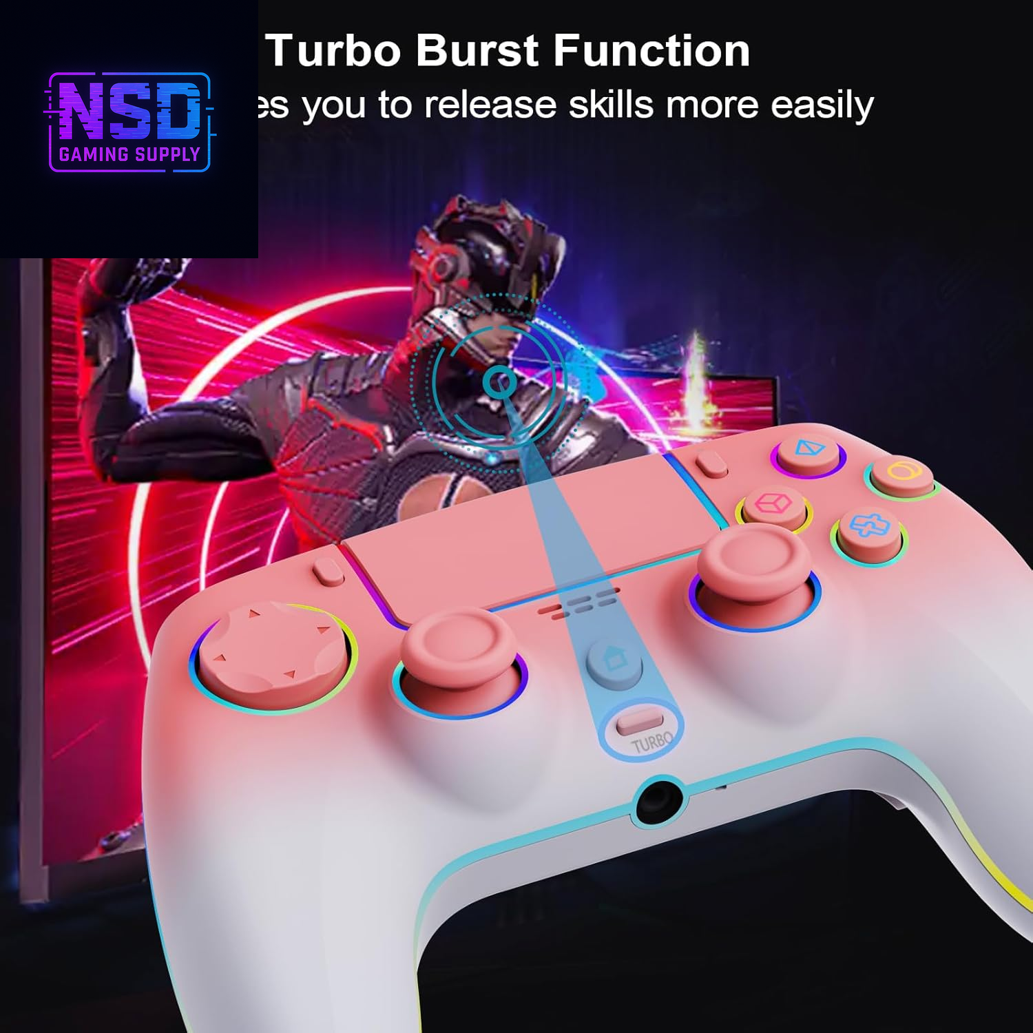 Wireless Pink-White Gradient Controller – For PS5 / PC / Mac / Steam Deck | RGB Lighting, Hall Effect Joysticks, Turbo, Dual Vibration, Headphone Jack