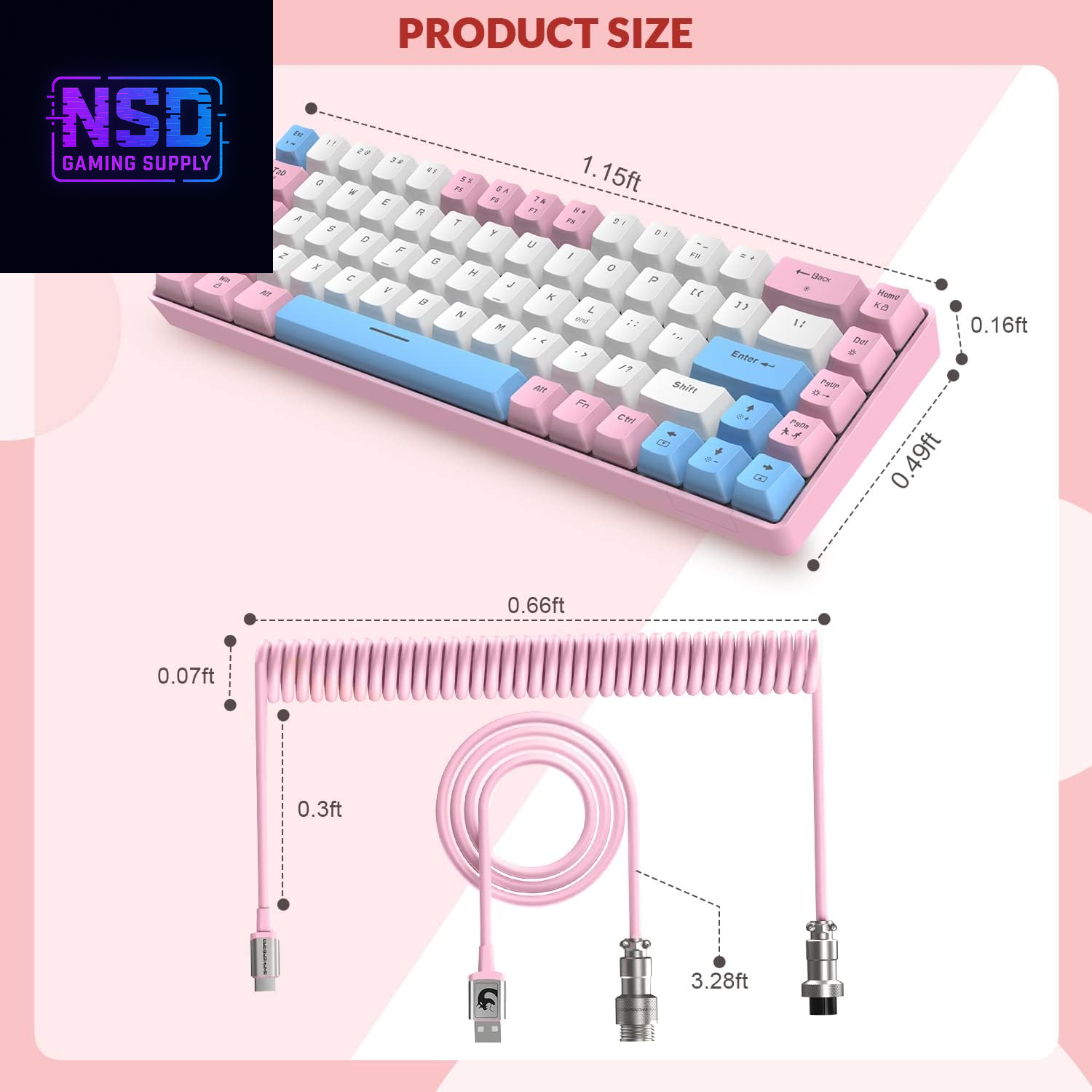 RK-T8 Wired 65% Mechanical Gaming Keyboard with RGB LED Backlit Anti-Ghosting TKL Mini 68 Key Custom Coiled C to a Cable Tactile Blue Switch for PS4 PS5 Xbox PC Mac Gamer(Pink/White/Blue)