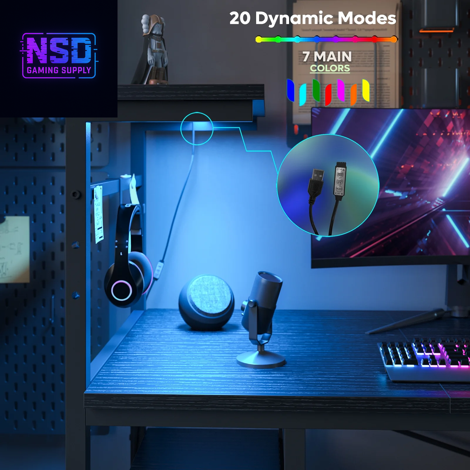 61" Reversible Gaming Desk Computer Desk with LED Lights 4 Tier Shelves Black