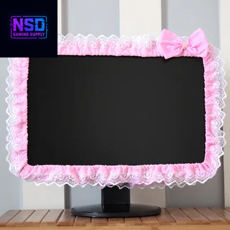 Lace Fabric Computer Frame Cover Monitor Screen Dust Cover with Elastic Pen Pocket Bow Home Decorations