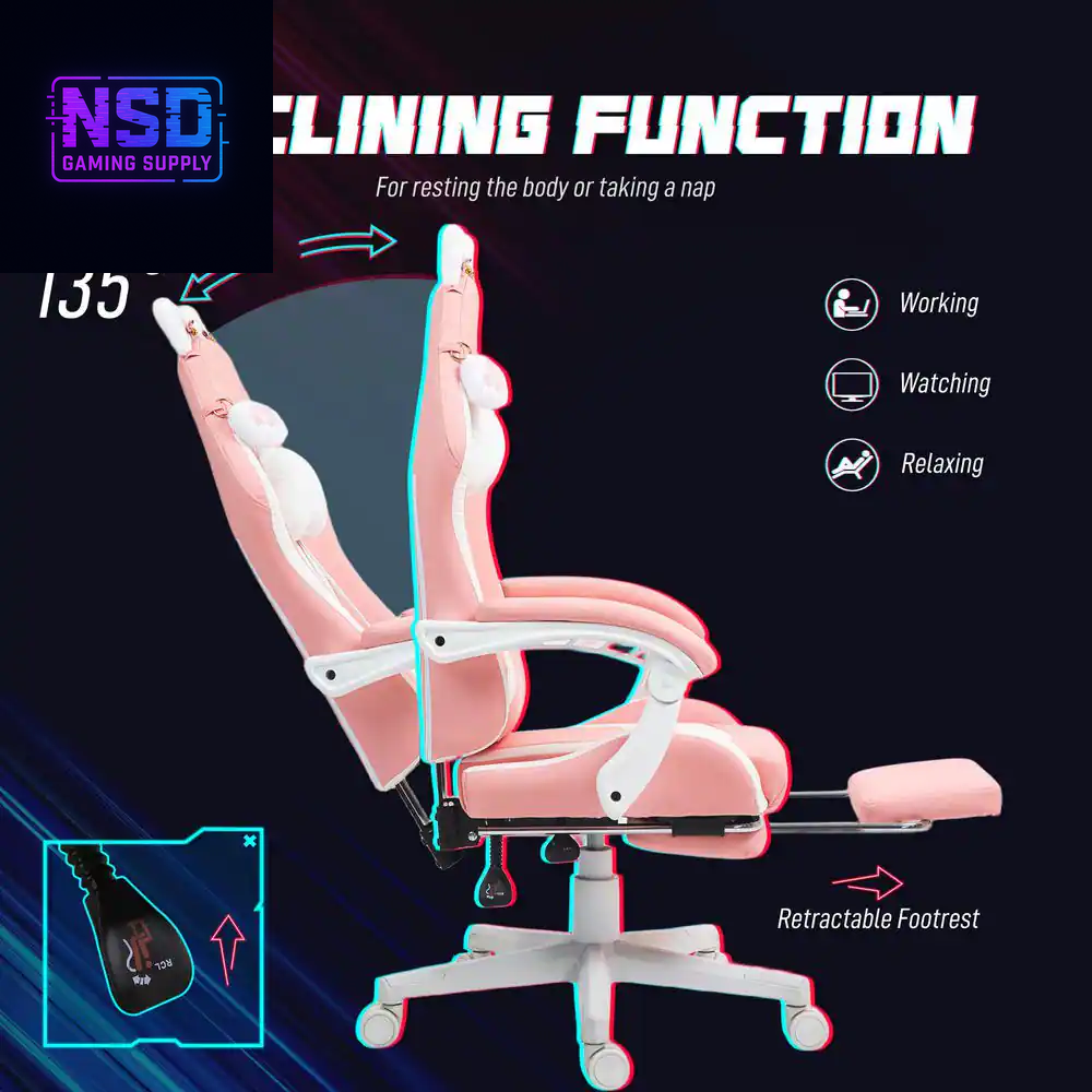HOMCOM Cute Pink Gaming Chair with Footrest – Reclining Gamer Chair with Cat Ears, Faux Leather, and Adjustable Height