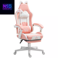 HOMCOM Cute Pink Gaming Chair with Footrest – Reclining Gamer Chair with Cat Ears, Faux Leather, and Adjustable Height