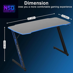 47-Inch Z-Shaped Gaming Desk – Ergonomic Design, Headphone Hook, Cup Holder, Carbon Fiber Texture (Blue)