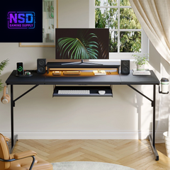 63" Gaming Desk with LED Lights & Power Outlets, Monitor Stand & Keyboard Tray for Home Office, Carbon Fiber Black