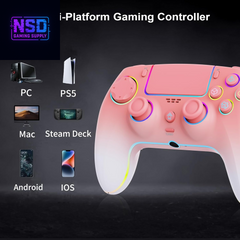 Wireless Pink-White Gradient Controller – For PS5 / PC / Mac / Steam Deck | RGB Lighting, Hall Effect Joysticks, Turbo, Dual Vibration, Headphone Jack