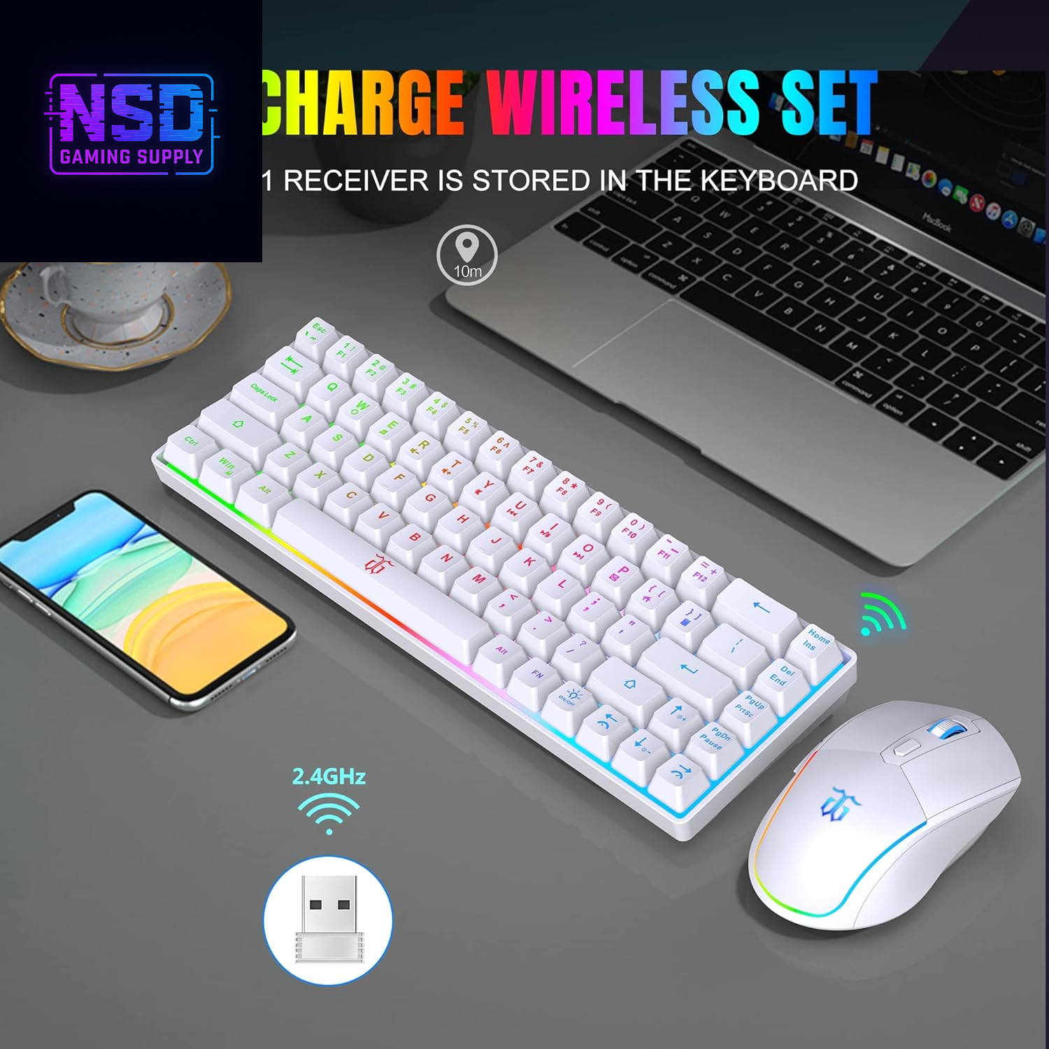 60% Wireless Gaming Keyboard and Mouse Combo,Led Backlit Rechargeable 2000Mah Battery,Mini Mechanical Feel Anti-Ghosting Keyboard +Popular RGB Gaming Mice for PC Gamer (White)