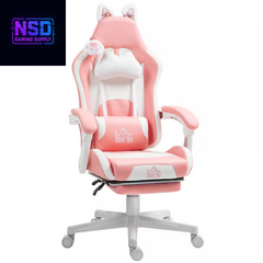 HOMCOM Cute Pink Gaming Chair with Footrest – Reclining Gamer Chair with Cat Ears, Faux Leather, and Adjustable Height