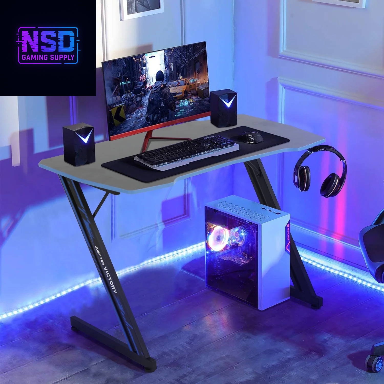 47 Inch Gaming Desk, Z Shaped PC Computer Desk Gaming Workstation with Headphone Hook, Ergonomic Gaming Table PC Desk for Game Players, Blue